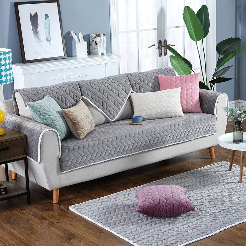 Thick plush edging sofa cover solid color non-slip filling cushion backrest towel furniture protection cover for living room
