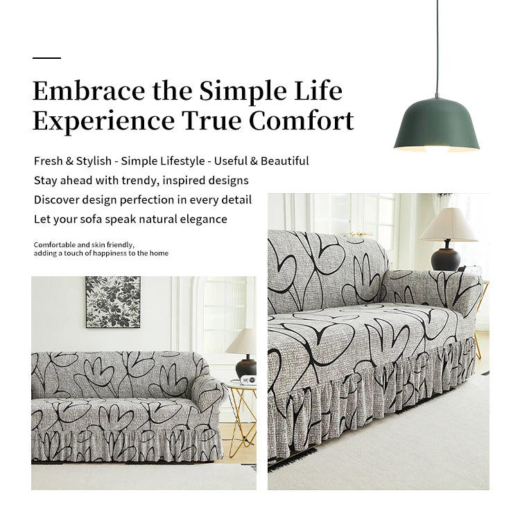 Printed Sofa Cover with Skirt - Full Coverage & Elastic, Multiple Colors