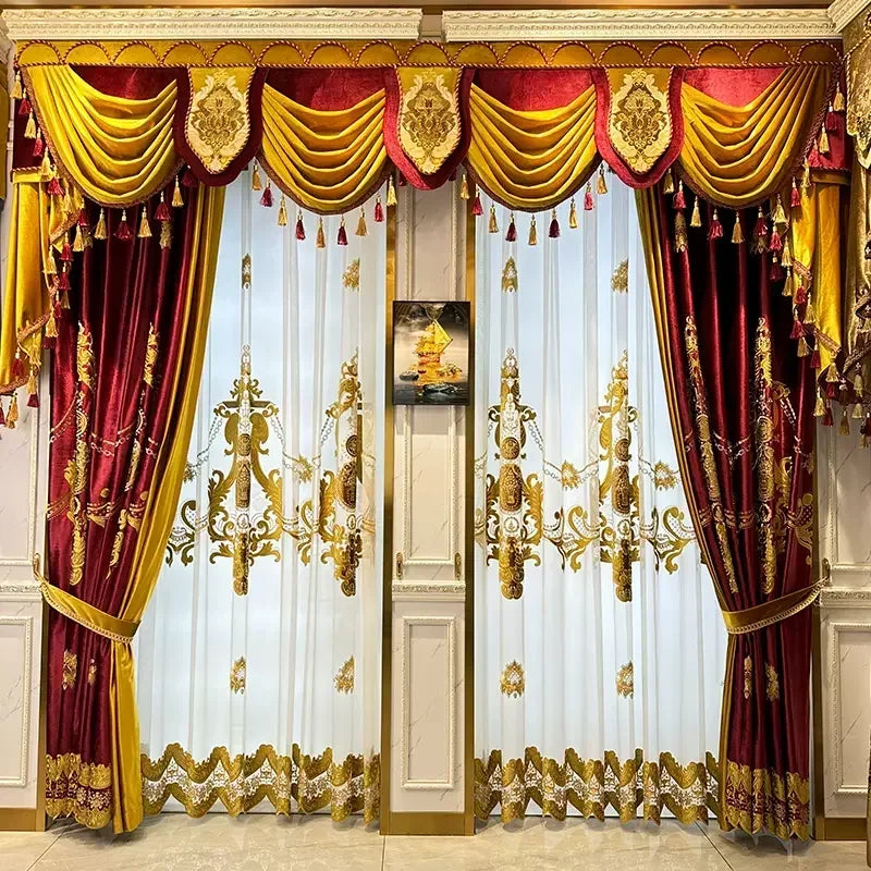 European Red Embroidery Luxury Velvet Curtains for Living Room Blackout Bedroom Tulle Palace Valance Elegant Hall Wedding