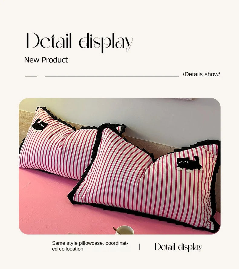 Green Stripe, Black Cat Embroidery Bedding Set