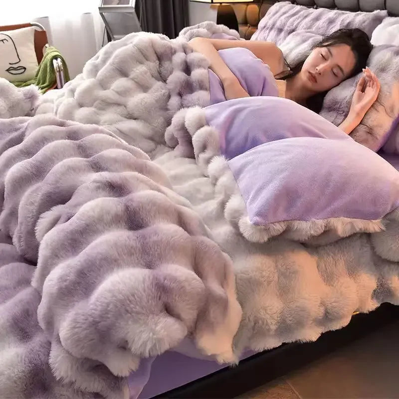 Colorful Rabbit Plush Bed Set with Four Pieces Winter Thick Milk Velvet Duvet Cover Double Sided Velvet Sheet Bedroom Beds Set