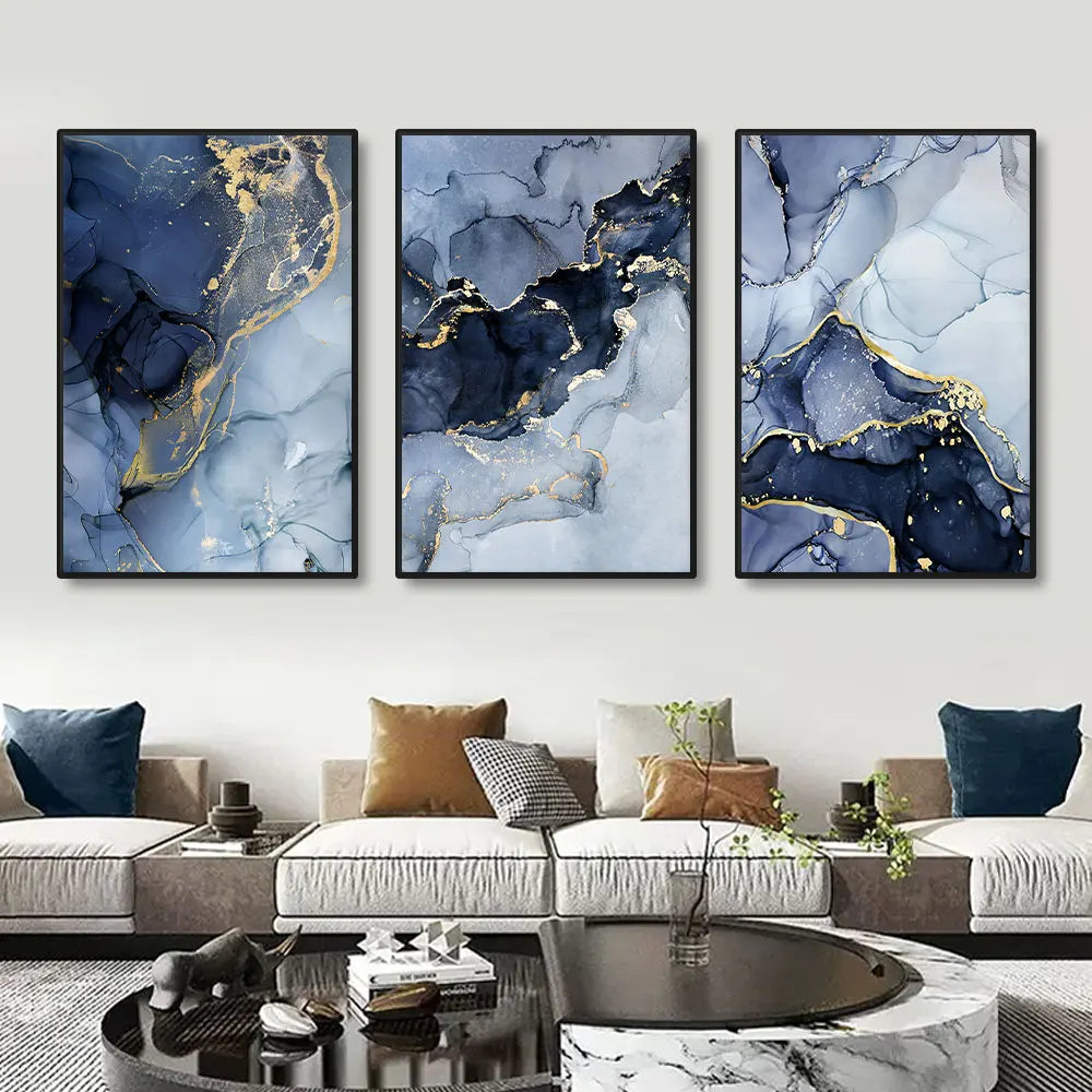 3pcs Modern Gold Blue Marble Wall Art Posters Abstract Canvas Painting Prints Pictures Living Room Interior Home Decoration