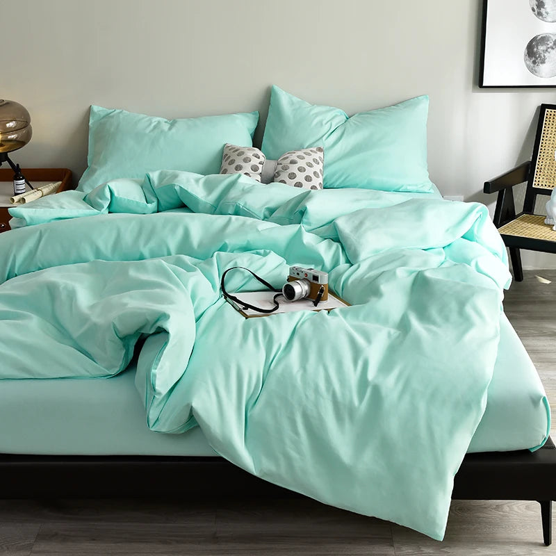 Bed Linen Bedding set Washed Cotton Four-Piece Bed Sheets Set Solid Color Green Simple Bed Quilt Cover Comforter Cover Duvet