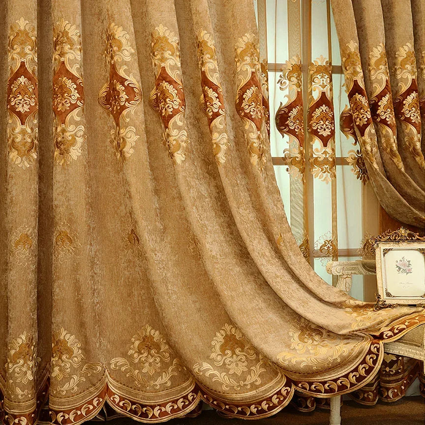 European Brown Chenille Blackout Curtain for Living Room Villa Luxury Flower Embroidery Drapes Room Darkening Thermal Insulated