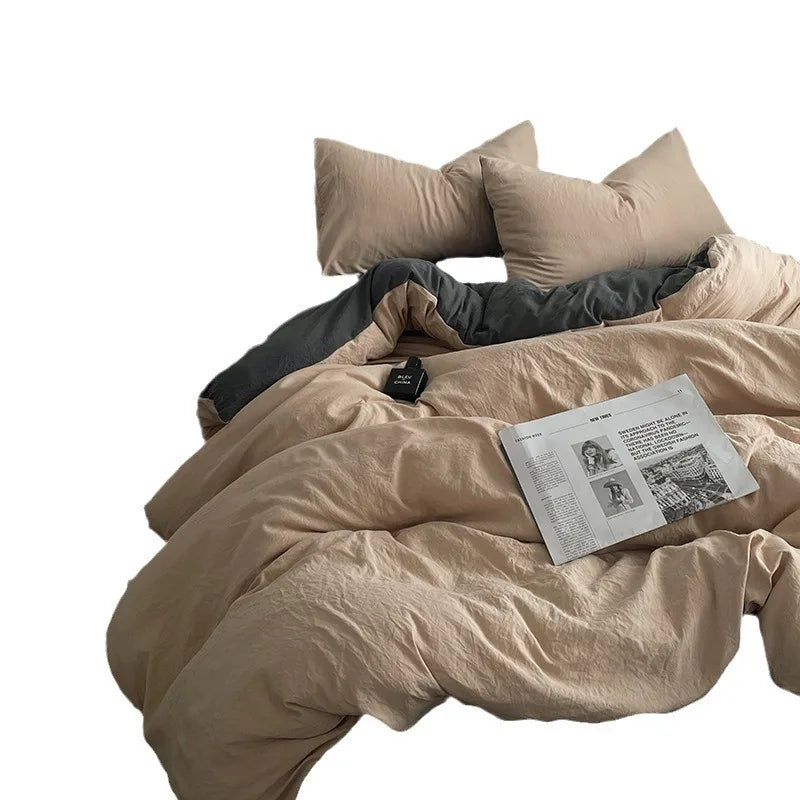 Japanese style solid color dual color washed cotton four piece set with no printed style quilt cover, bed sheet, fitted sheet,