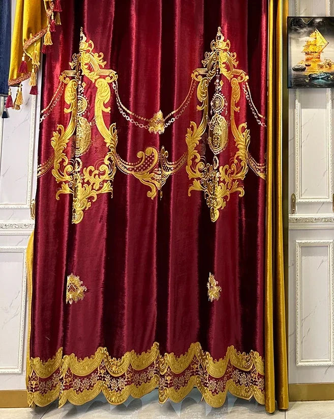 European Red Embroidery Luxury Velvet Curtains for Living Room Blackout Bedroom Tulle Palace Valance Elegant Hall Wedding