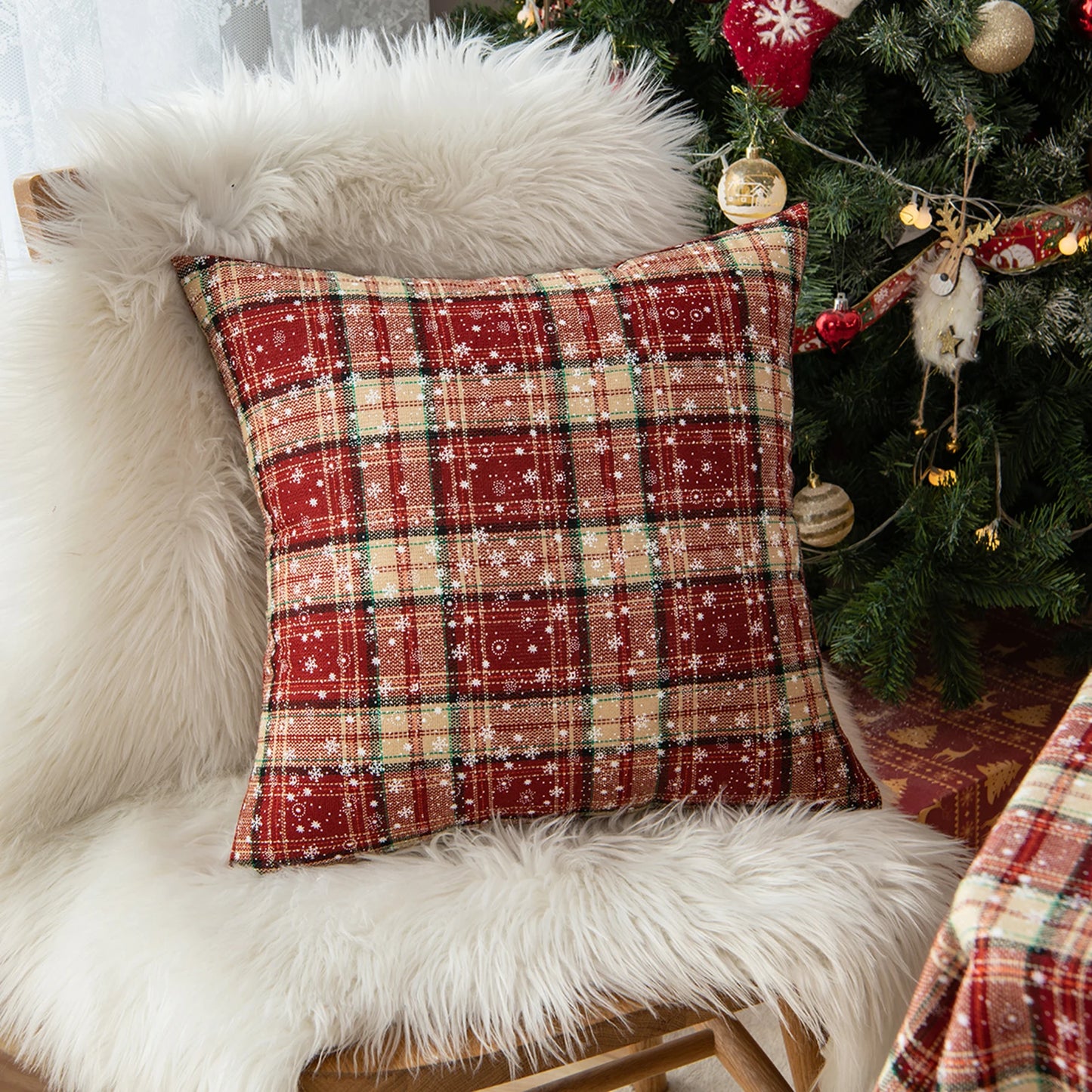 Christmas Tartan Plaid Pillow Case with Snowflake Design