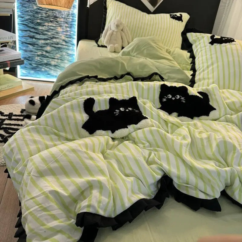 Green Stripe, Black Cat Embroidery Bedding Set