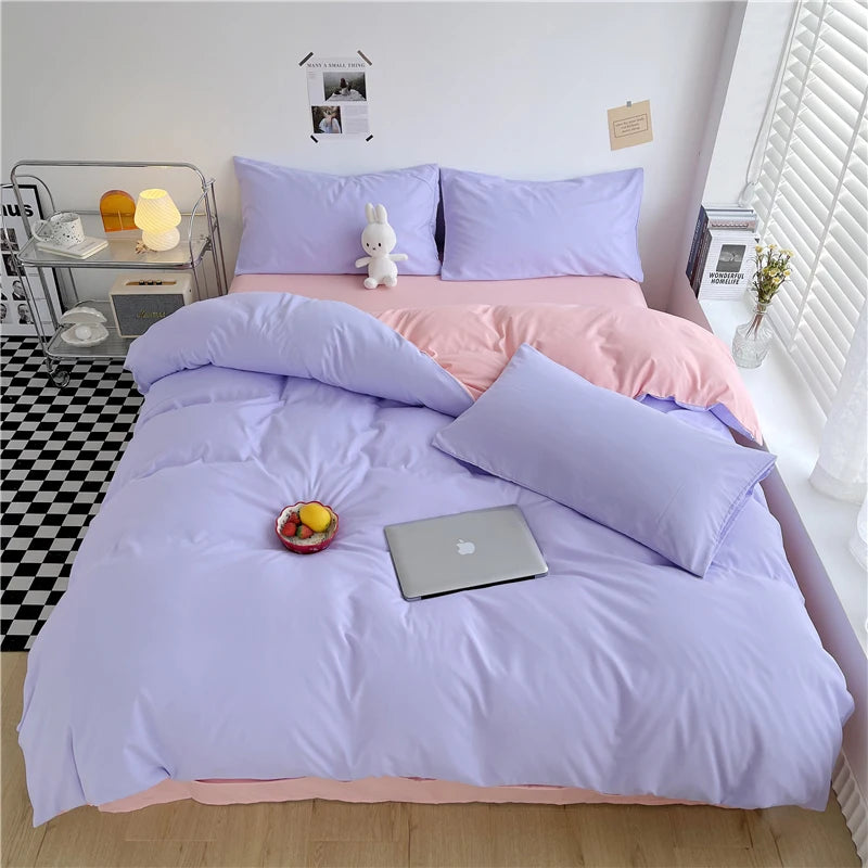 Purple Duvet Cover Microfiber Lavender Double Size Bedding Set,3pcs Comforter Cover with Zipper Closure Reverse Pink Quilt Cover