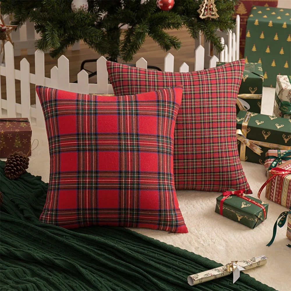 Christmas Tartan Plaid Pillow Case with Snowflake Design