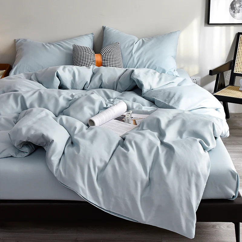 Bed Linen Bedding set Washed Cotton Four-Piece Bed Sheets Set Solid Color Green Simple Bed Quilt Cover Comforter Cover Duvet