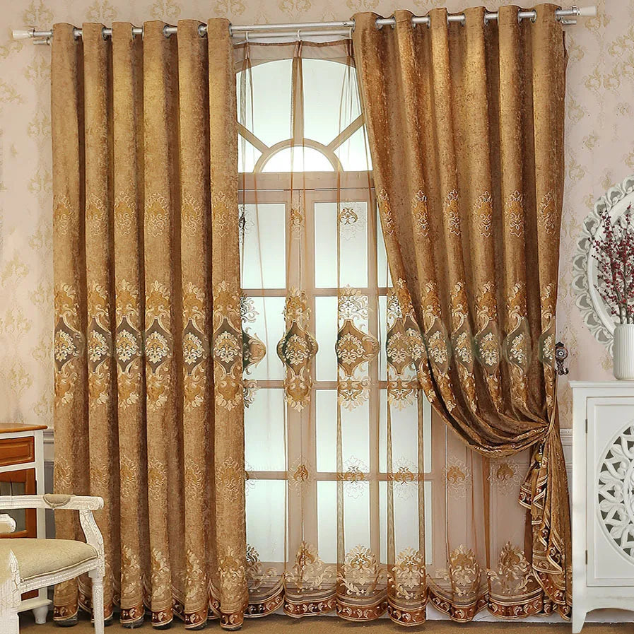 European Brown Chenille Blackout Curtain for Living Room Villa Luxury Flower Embroidery Drapes Room Darkening Thermal Insulated