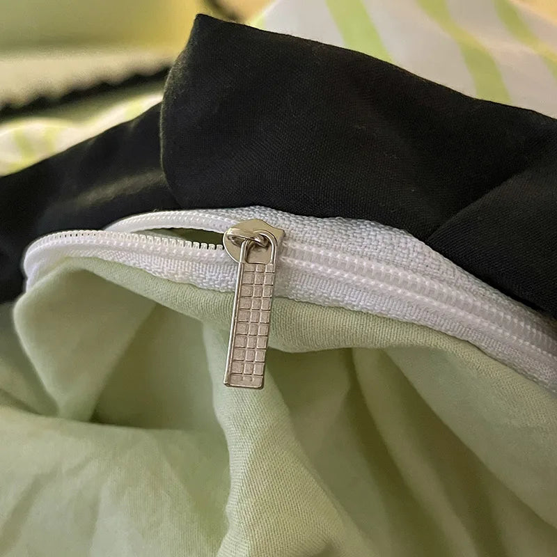 Green Stripe, Black Cat Embroidery Bedding Set