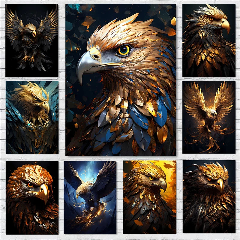 Golden Eagle Poster Bird Head Handsome Sharp Gold Animal Prints Canvas Painting Wall Art Pictures Home Room Modern Decoration