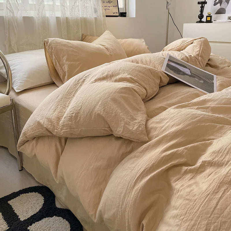 Japanese style solid color dual color washed cotton four piece set with no printed style quilt cover, bed sheet, fitted sheet,