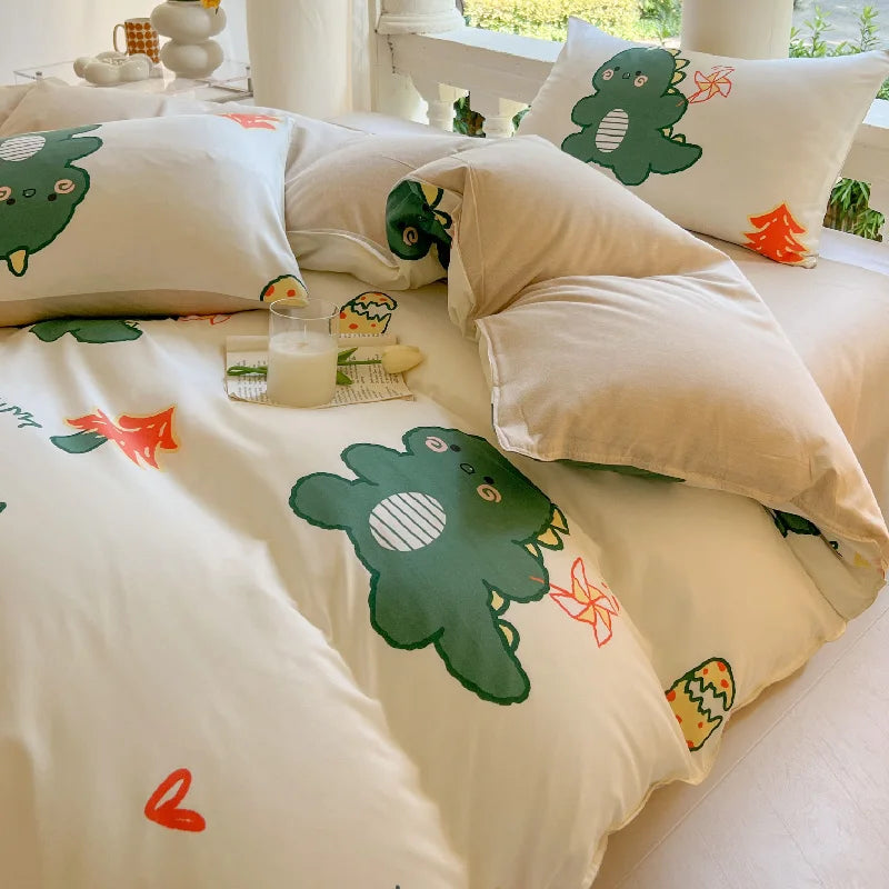 Kawaii Bear & Dinosaur Printed Bedding Set