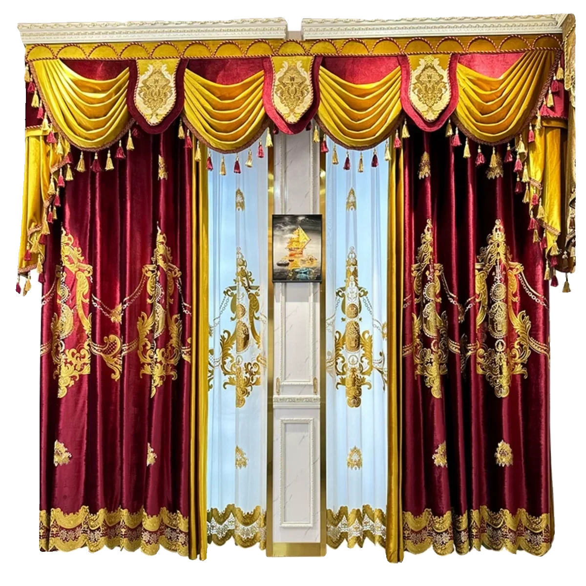 European Red Embroidery Luxury Velvet Curtains for Living Room Blackout Bedroom Tulle Palace Valance Elegant Hall Wedding