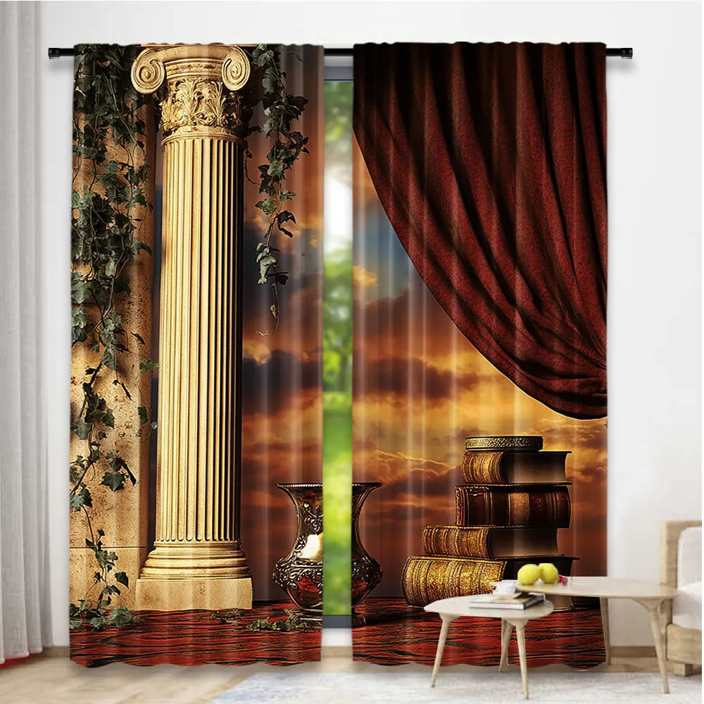 2Pcs Gothic Curtains Greek Style Scene Columns With Vines And Red Curtain Sunset Suitable For Bedroom Bathroom Living Room