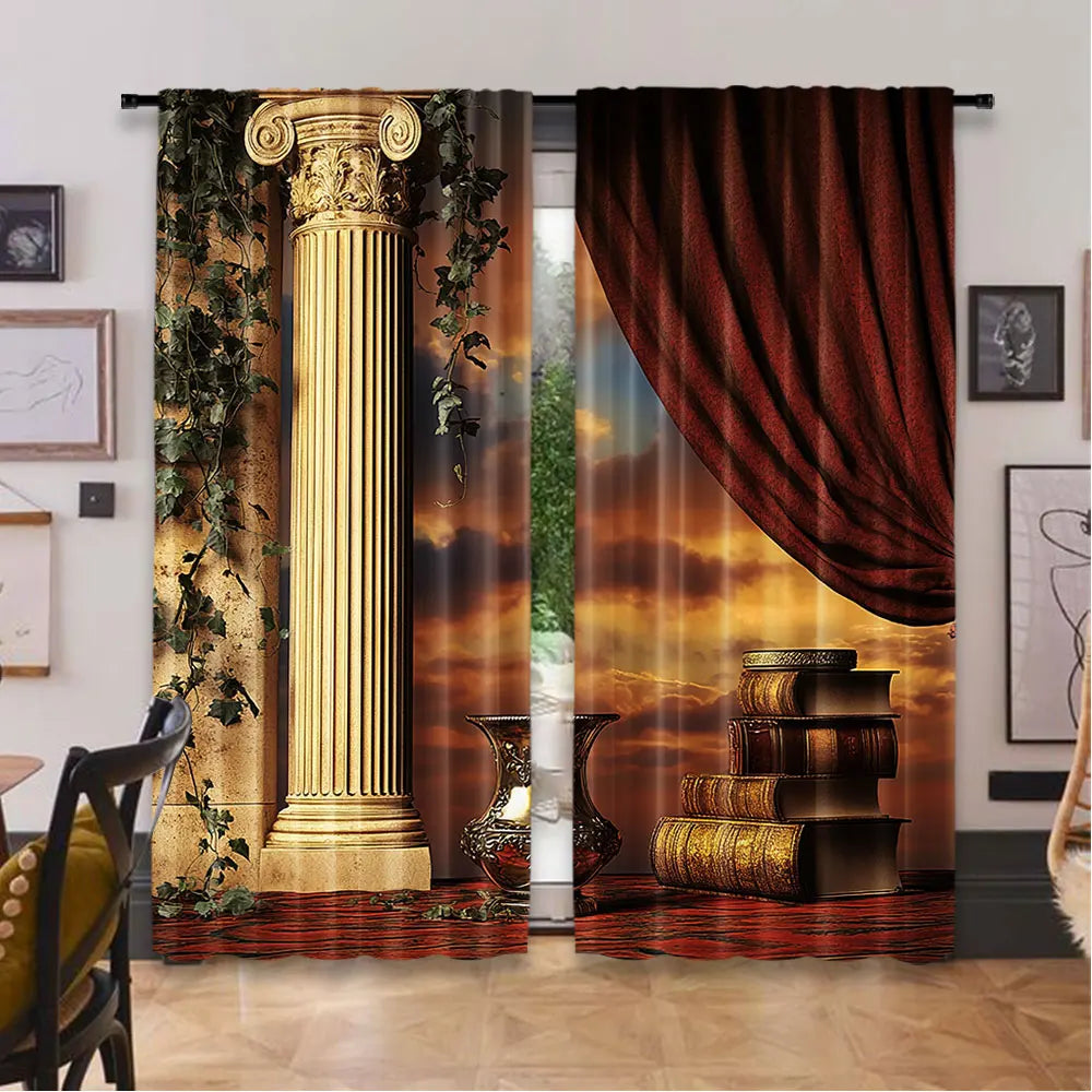 2Pcs Gothic Curtains Greek Style Scene Columns With Vines And Red Curtain Sunset Suitable For Bedroom Bathroom Living Room