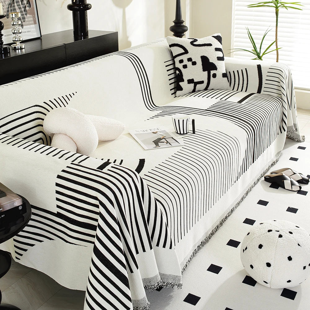 Irregular lines Chenille Sofa Towel for the Living Room, Nordic Style Home Decor with Tassel Edges, Three-Seater Sofa Set