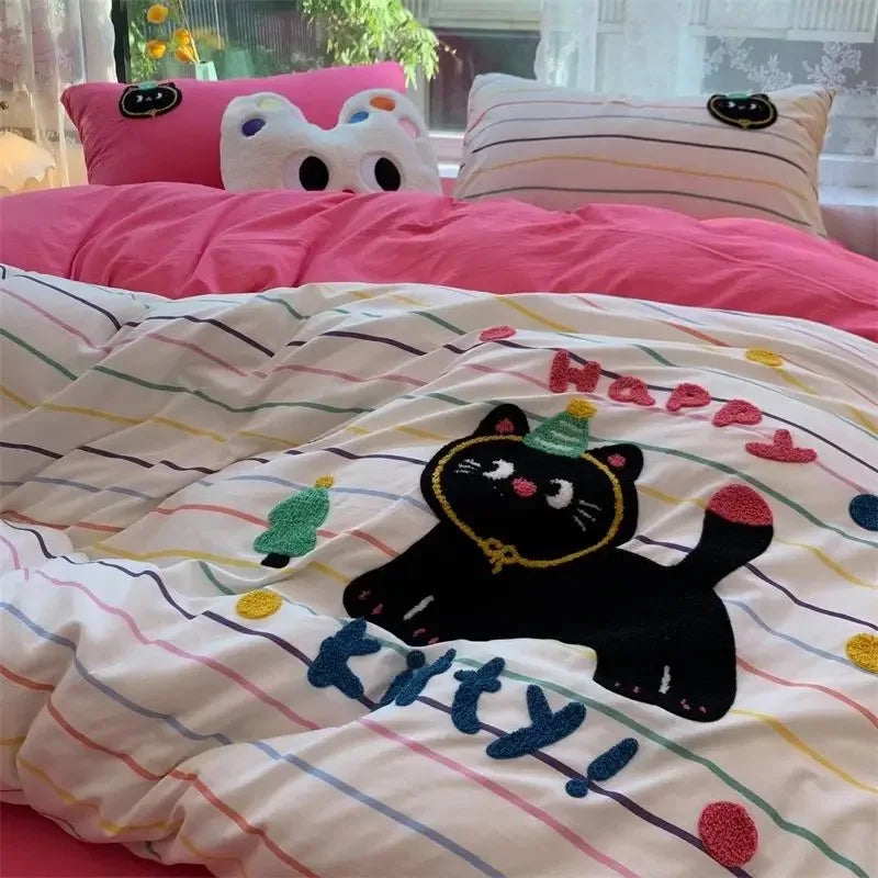 Green Stripe, Black Cat Embroidery Bedding Set