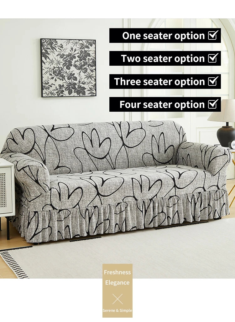 Printed Sofa Cover with Skirt - Full Coverage & Elastic, Multiple Colors