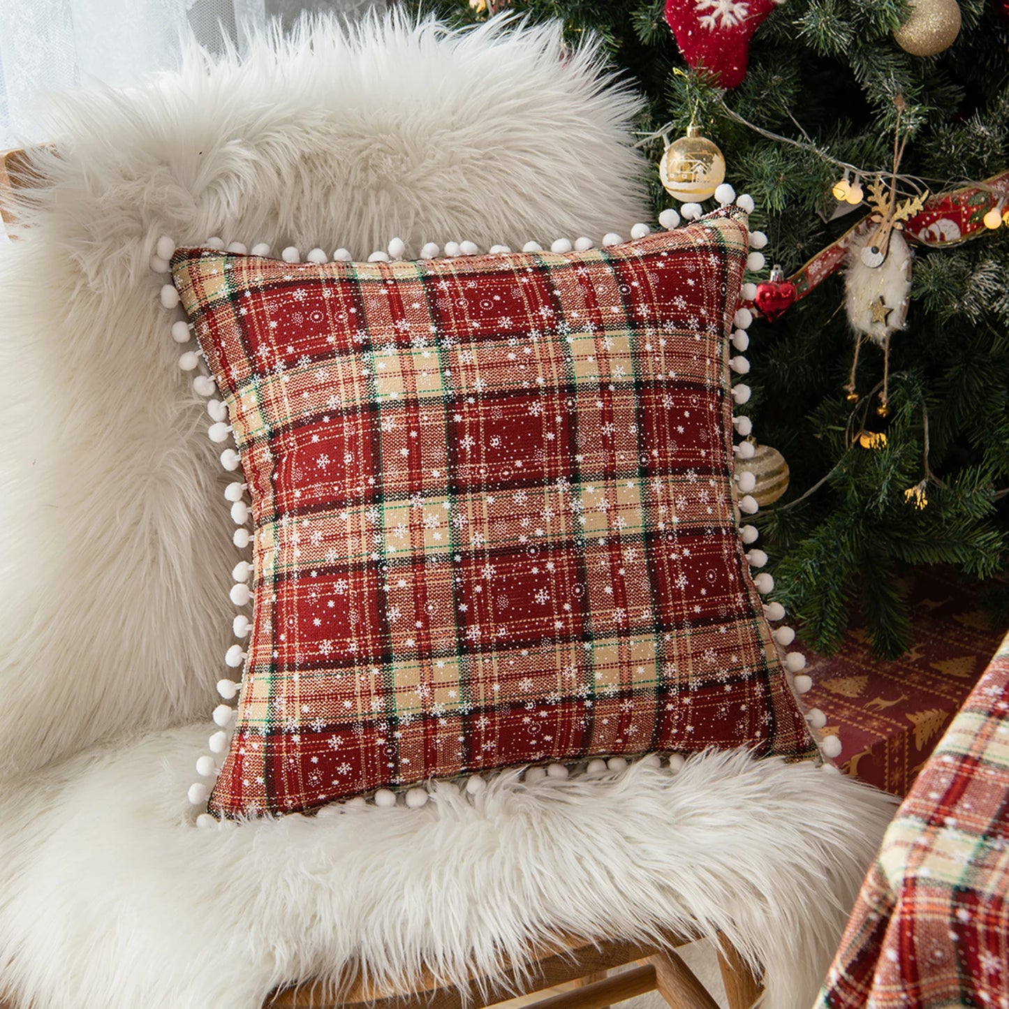 Christmas Tartan Plaid Pillow Case with Snowflake Design