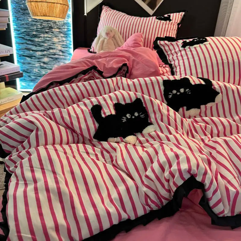 Green Stripe, Black Cat Embroidery Bedding Set