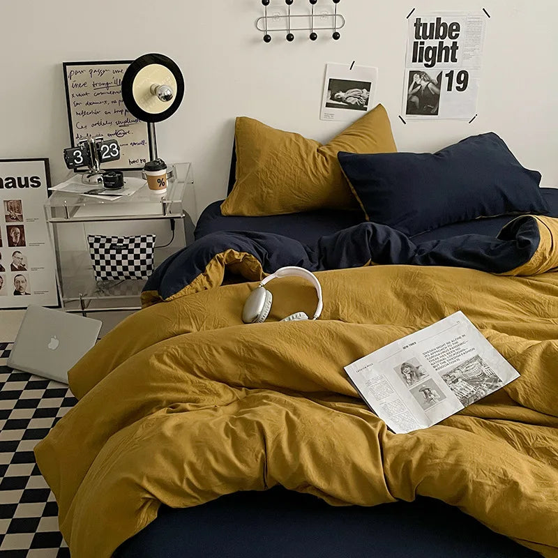 Japanese style solid color dual color washed cotton four piece set with no printed style quilt cover, bed sheet, fitted sheet,