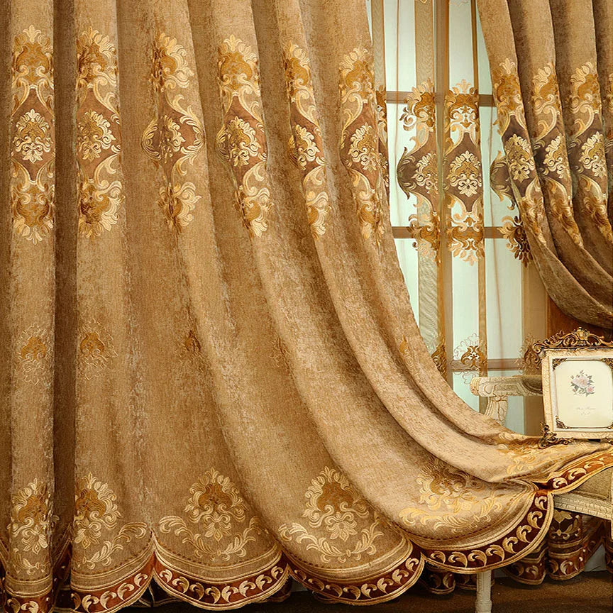 European Brown Chenille Blackout Curtain for Living Room Villa Luxury Flower Embroidery Drapes Room Darkening Thermal Insulated