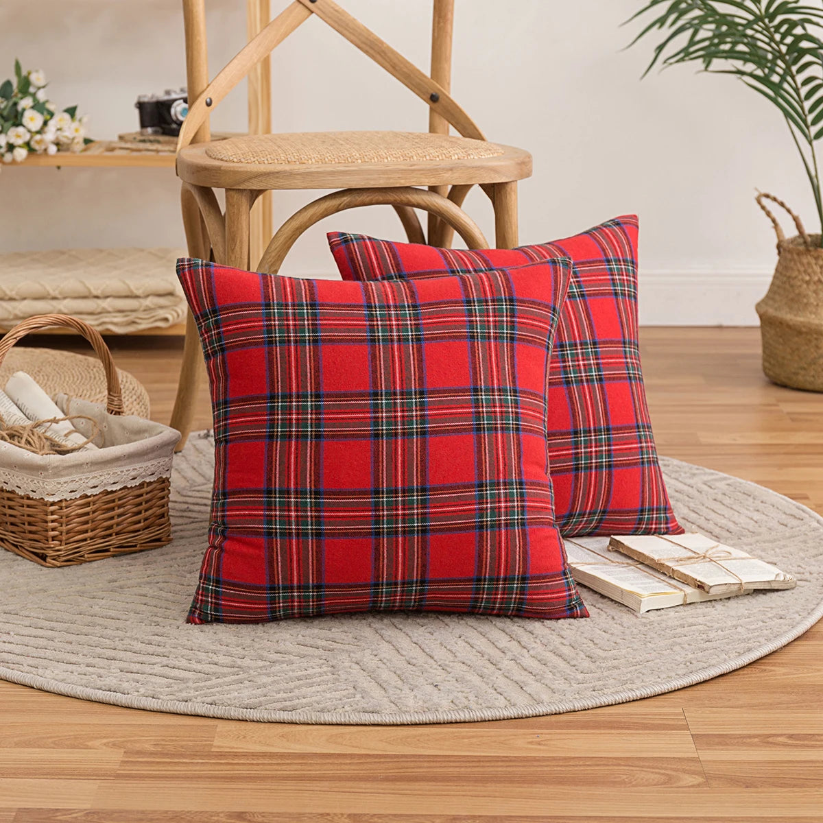Christmas Tartan Plaid Pillow Case with Snowflake Design