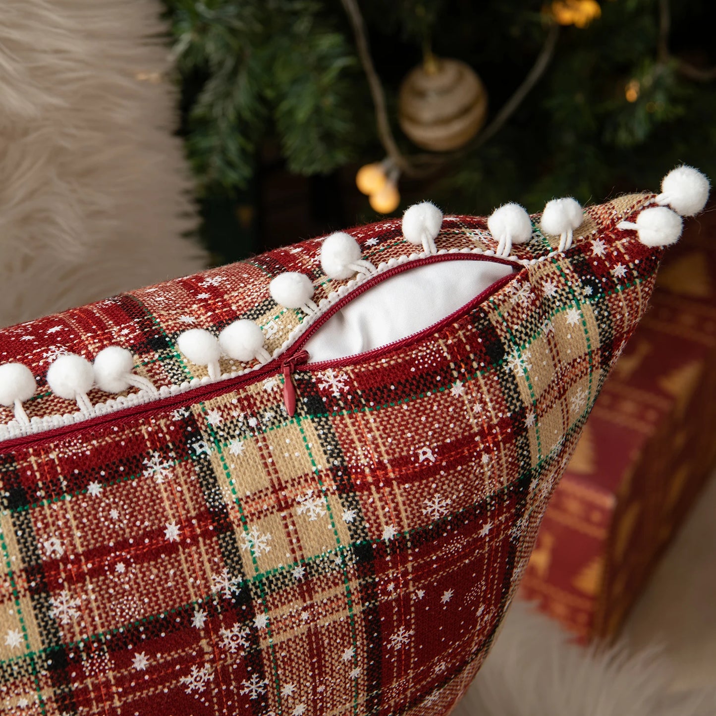 Christmas Tartan Plaid Pillow Case with Snowflake Design