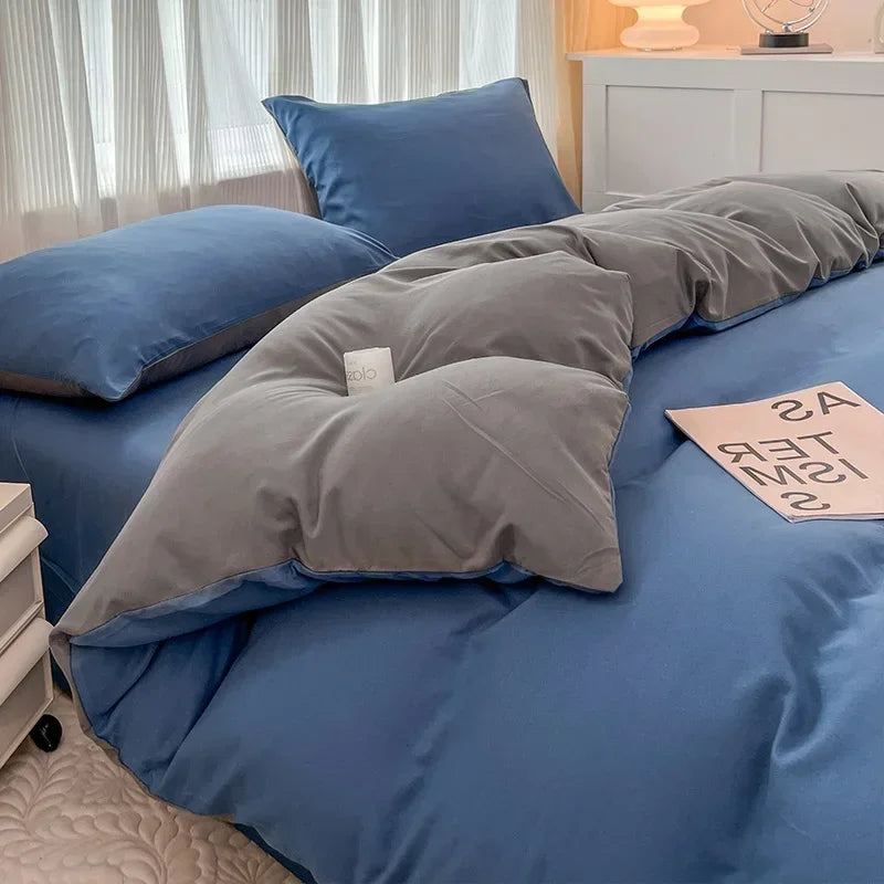 2-side Solid Color Brush Fabric Bed Set 4 Pieces Duvet Cover Pillowcase Bedding Set Bed Sheet Quilt Cover Single Queen King Size
