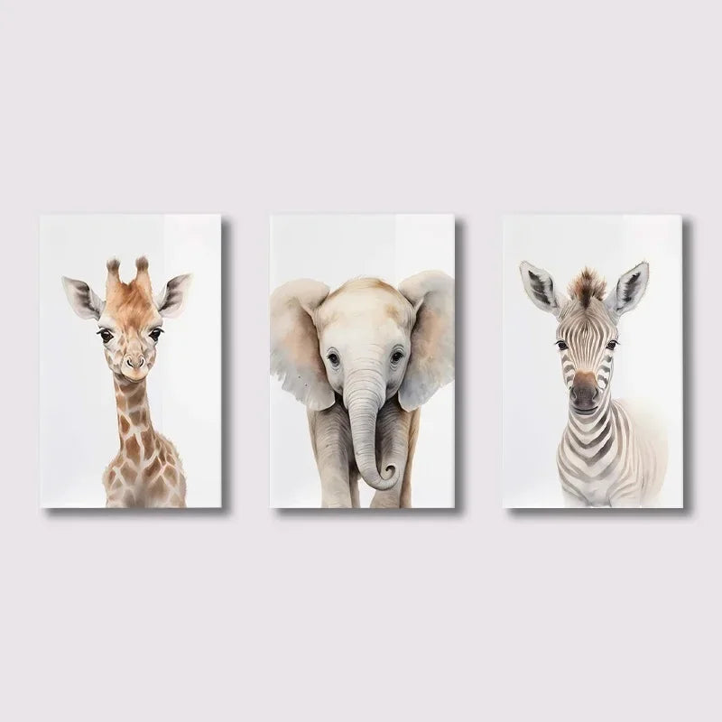 Modern Zoo Elephant Giraffe Canvas Prints Set of Three Animal Wall Art Poster Picture for Children's Room Bedroom Decor Cuadros