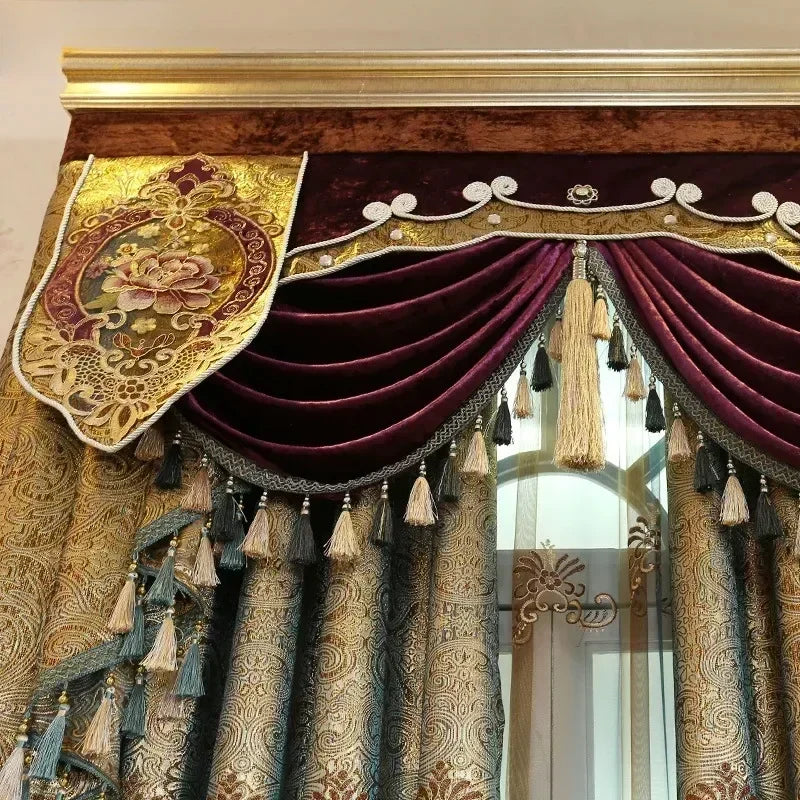 Luxury Golden Velvet Embroidered Curtains for Living Room Bedroom Elegant Hollow Shading Drapes Custom Valance Tulle Villa Decor
