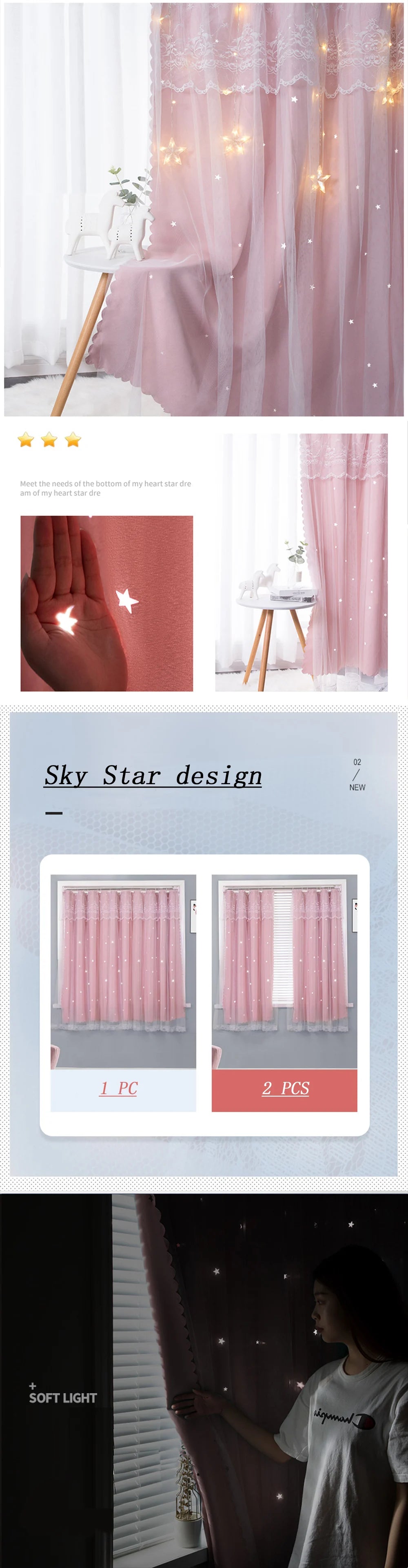 Star Blackout Curtains with Gauze