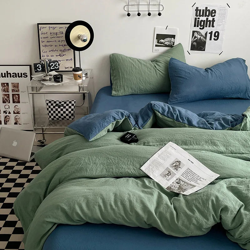 Japanese style solid color dual color washed cotton four piece set with no printed style quilt cover, bed sheet, fitted sheet,