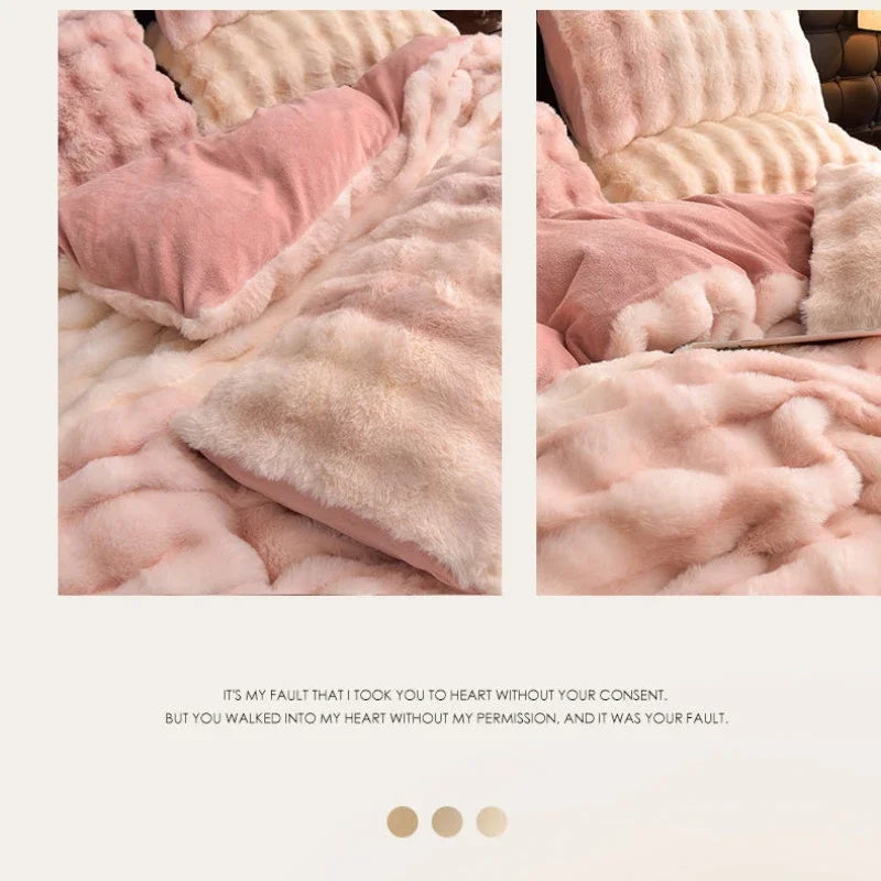 Colorful Rabbit Plush Bed Set with Four Pieces Winter Thick Milk Velvet Duvet Cover Double Sided Velvet Sheet Bedroom Beds Set