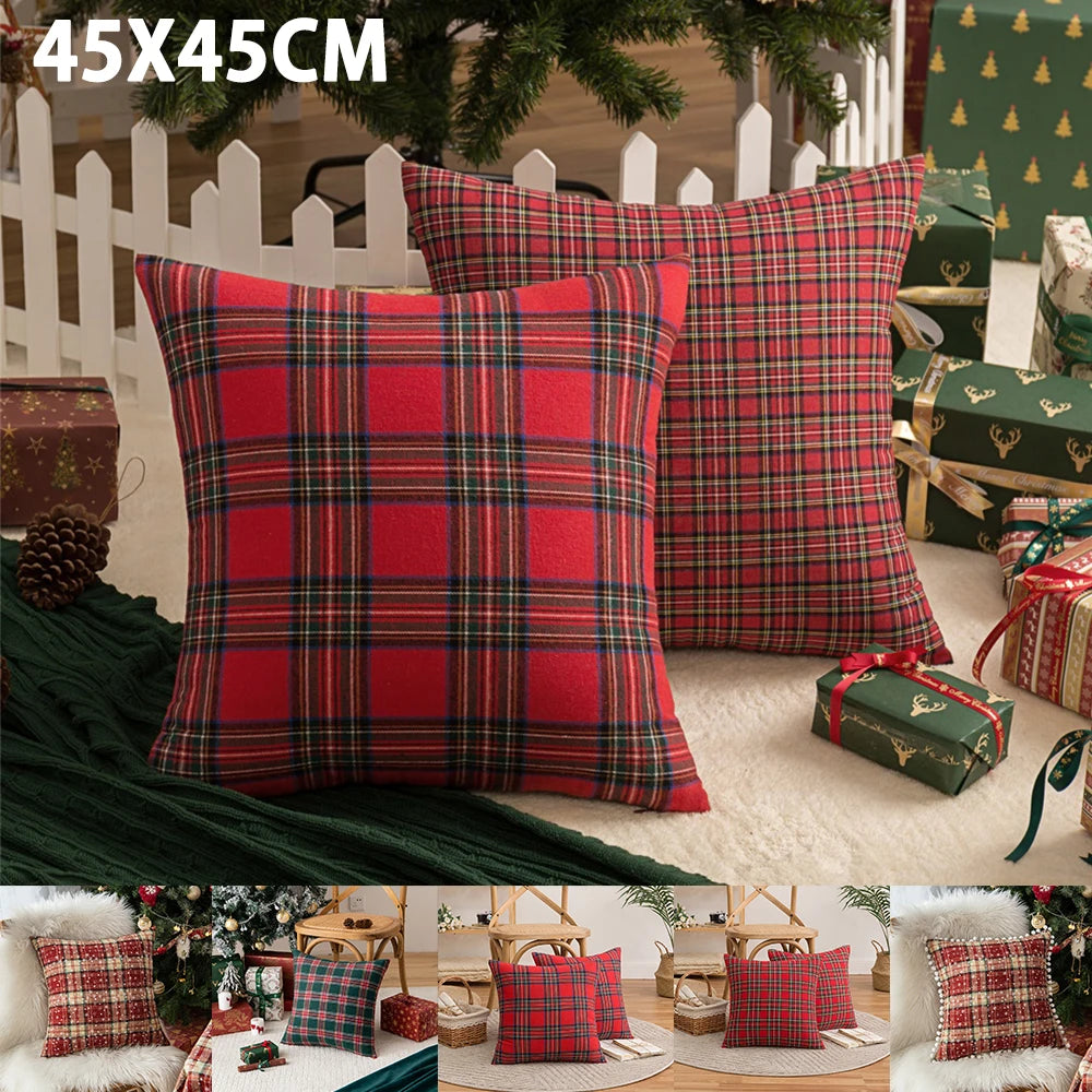 Christmas Tartan Plaid Pillow Case with Snowflake Design