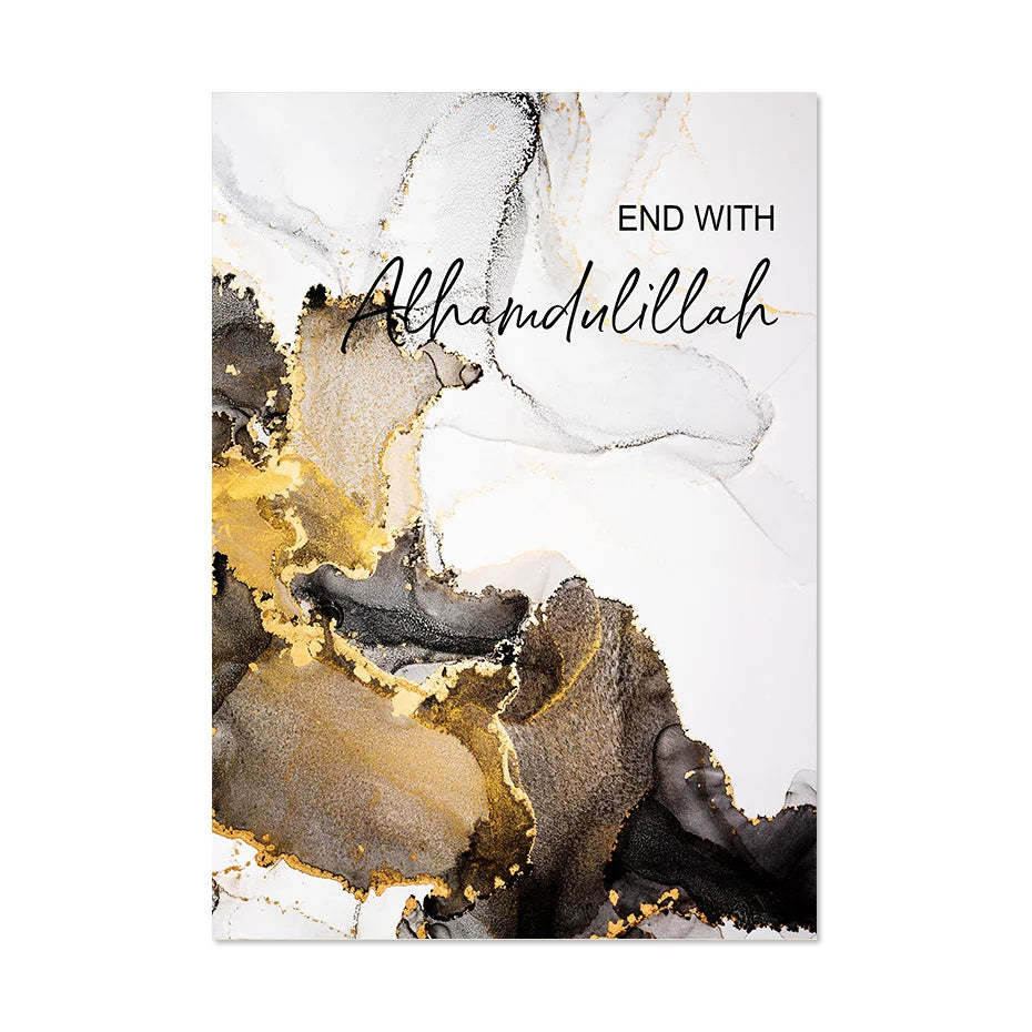 Marble Beige Gold Bismillah Alhamdulilah Islamic Poster Wall Art Canvas Painting Print Picture Modern Living Room Interior Decor