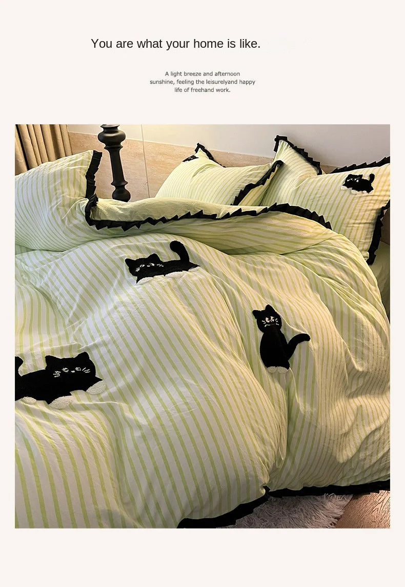 Green Stripe, Black Cat Embroidery Bedding Set