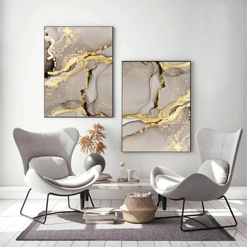 Marble Beige Gold Abstract Wall Art Posters with Frame Canvas Painting Prints Pictures Modern Living Room Interior Home Decor