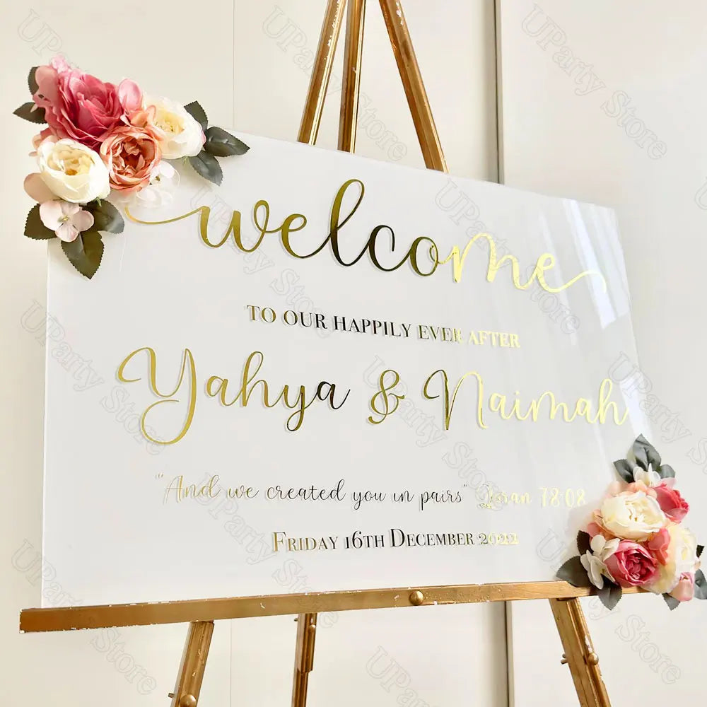 Wedding Welcome Sign Sticker Champane Mirror Gold Customized Wedding Party Welcome Vinyl Stickers for Wedding Bridal Shower Deco