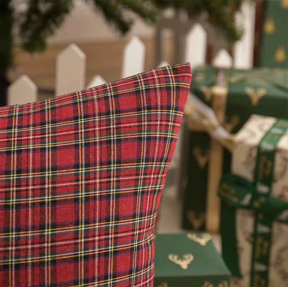 Christmas Tartan Plaid Pillow Case with Snowflake Design