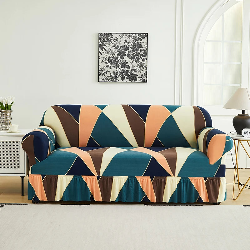 Printed Sofa Cover with Skirt - Full Coverage & Elastic, Multiple Colors
