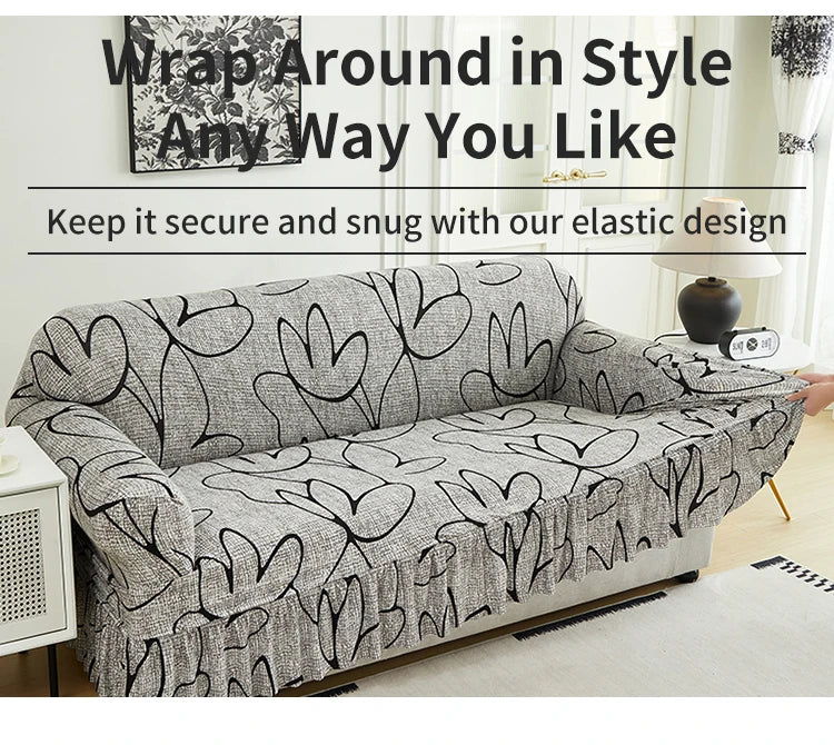 Printed Sofa Cover with Skirt - Full Coverage & Elastic, Multiple Colors