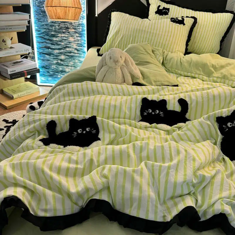 Green Stripe, Black Cat Embroidery Bedding Set