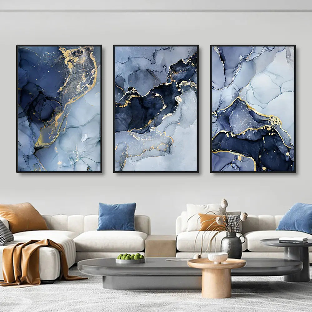 3pcs Modern Gold Blue Marble Wall Art Posters Abstract Canvas Painting Prints Pictures Living Room Interior Home Decoration