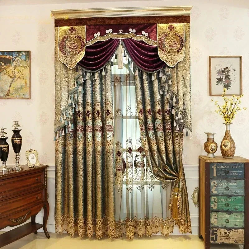 Luxury Golden Velvet Embroidered Curtains for Living Room Bedroom Elegant Hollow Shading Drapes Custom Valance Tulle Villa Decor