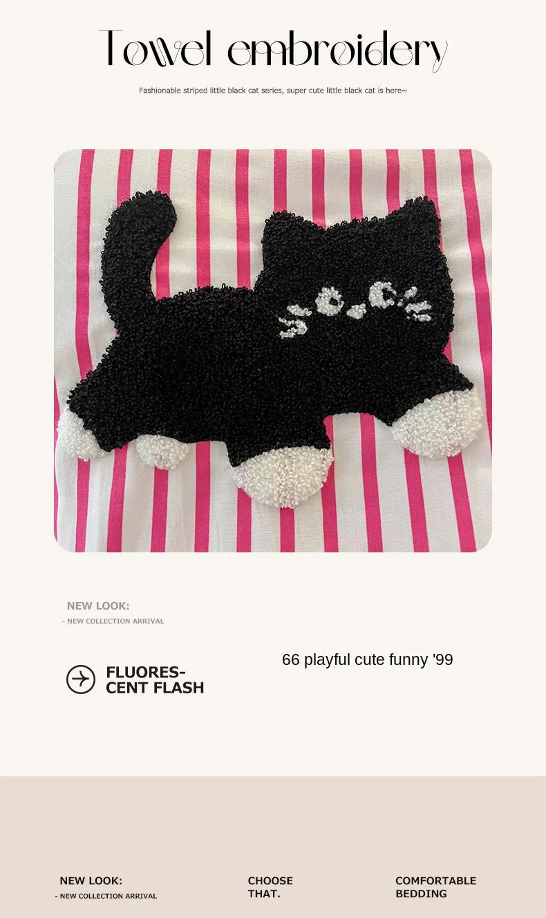 Green Stripe, Black Cat Embroidery Bedding Set